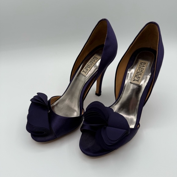 Badgley Mischka Randall D’Orsay Satin Dark Purple Heels With Layered Bow - Picture 8 of 16